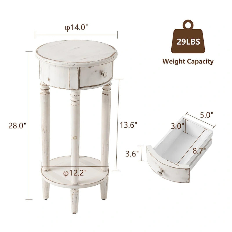 Table d'appoint ronde blanche aspect vieilli avec tiroir et étagère