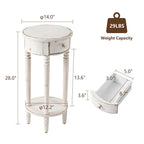 Table d'appoint ronde blanche aspect vieilli avec tiroir et étagère