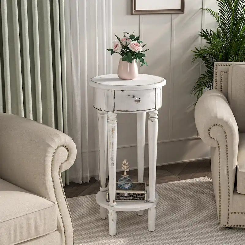 Table d'appoint ronde blanche aspect vieilli avec tiroir et étagère