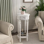 Table d'appoint ronde blanche aspect vieilli avec tiroir et étagère