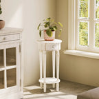 Table d'appoint ronde blanche aspect vieilli avec tiroir et étagère