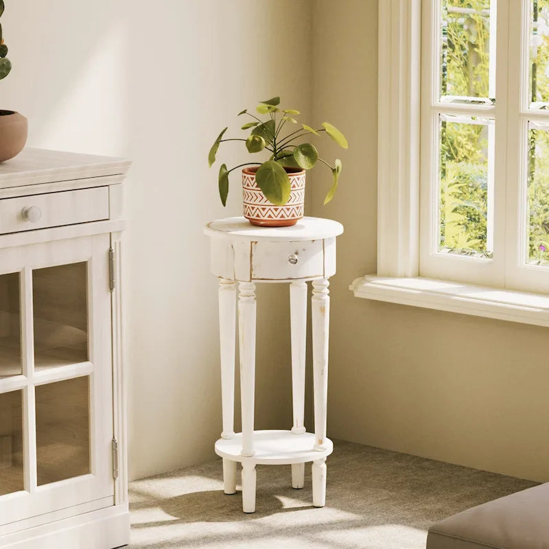 Table d'appoint ronde blanche aspect vieilli avec tiroir et étagère