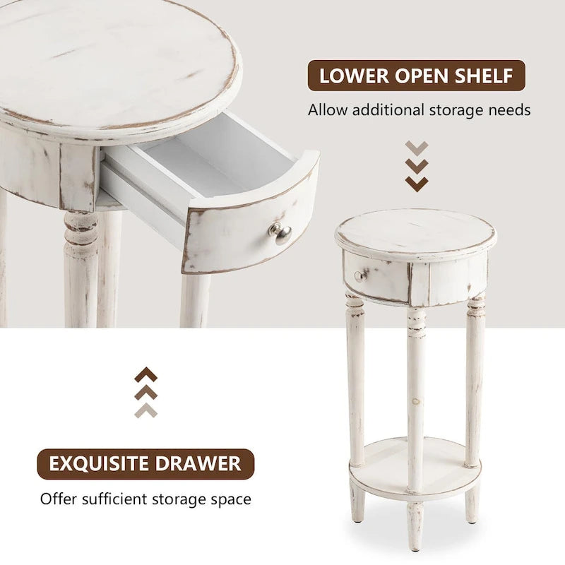 Table d'appoint ronde blanche aspect vieilli avec tiroir et étagère