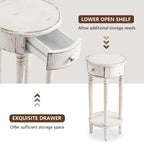 Table d'appoint ronde blanche aspect vieilli avec tiroir et étagère