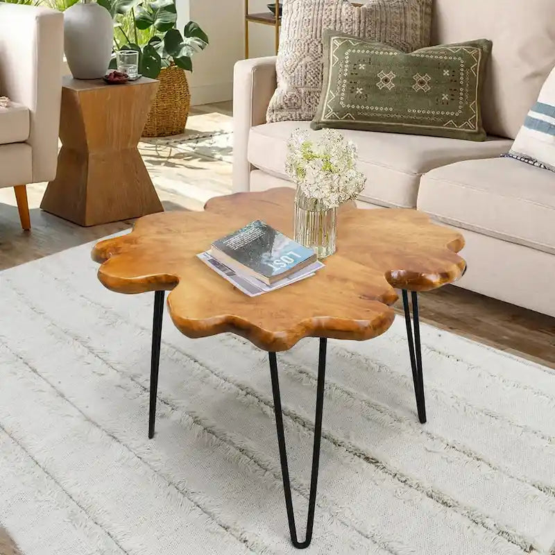 Table basse en bois naturel à bords bruts, 4 panneaux, 1 personne, pieds épingles
