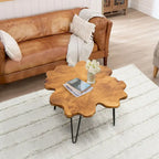 Table basse en bois naturel à bords bruts, 4 panneaux, 1 personne, pieds épingles