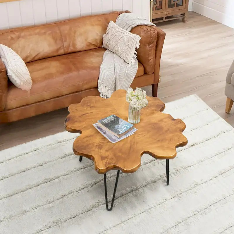 Table basse en bois naturel à bords bruts, 4 panneaux, 1 personne, pieds épingles