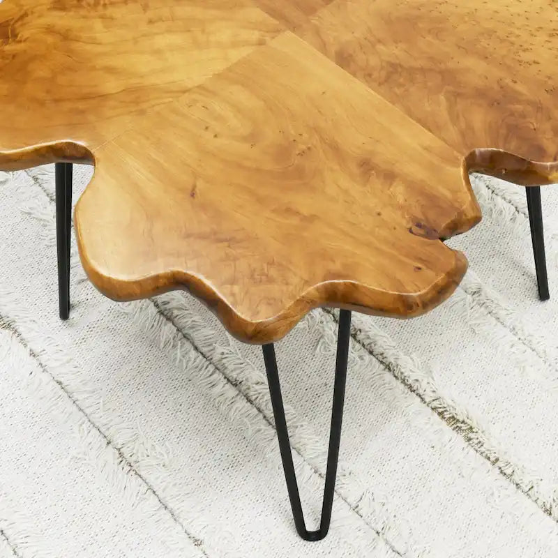 Table basse en bois naturel à bords bruts, 4 panneaux, 1 personne, pieds épingles