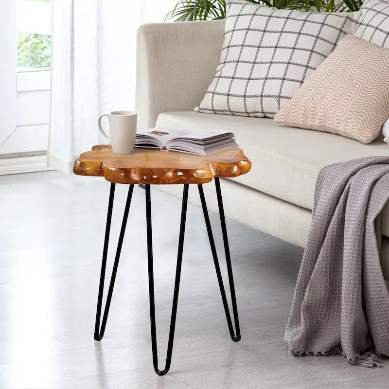 Table basse en bois naturel à bords bruts, 4 panneaux, 1 personne, pieds épingles
