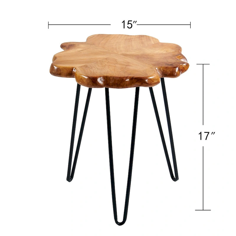 Table basse en bois naturel à bords bruts, 4 panneaux, 1 personne, pieds épingles