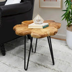 Table basse en bois naturel à bords bruts, 4 panneaux, 1 personne, pieds épingles