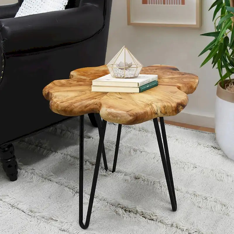 Table basse en bois naturel à bords bruts, 4 panneaux, 1 personne, pieds épingles