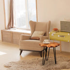 Table basse en bois naturel à bords bruts, 4 panneaux, 1 personne, pieds épingles