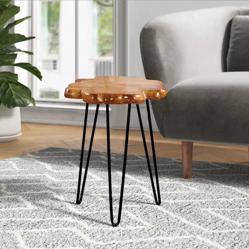 Table basse en bois naturel à bords bruts, 4 panneaux, 1 personne, pieds épingles