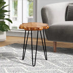 Table basse en bois naturel à bords bruts, 4 panneaux, 1 personne, pieds épingles