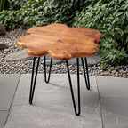 Table basse en bois naturel à bords bruts, 4 panneaux, 1 personne, pieds épingles