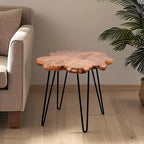 Table basse en bois naturel à bords bruts, 4 panneaux, 1 personne, pieds épingles