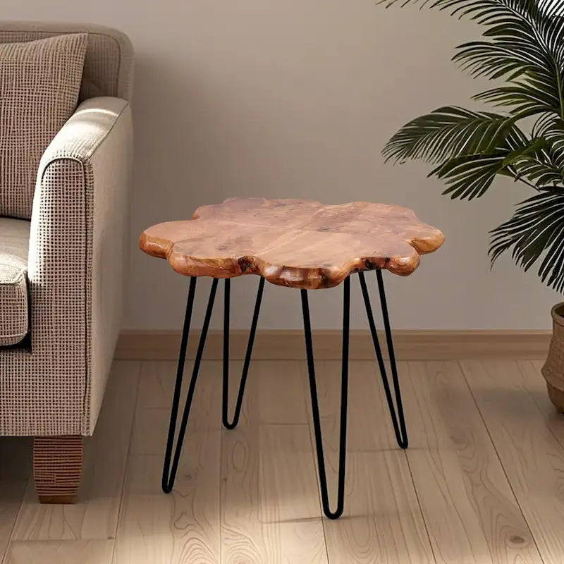 Table basse en bois naturel à bords bruts, 4 panneaux, 1 personne, pieds épingles