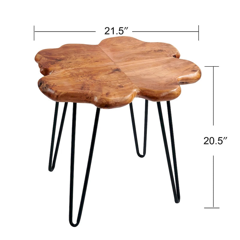 Table basse en bois naturel à bords bruts, 4 panneaux, 1 personne, pieds épingles