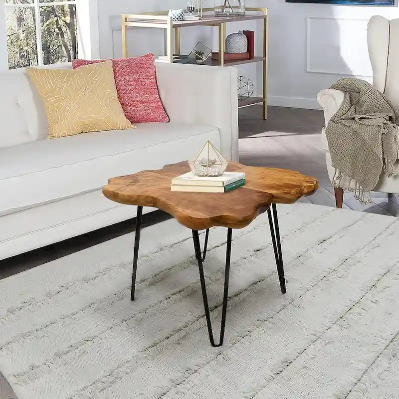 Table basse en bois naturel à bords bruts, 4 panneaux, 1 personne, pieds épingles