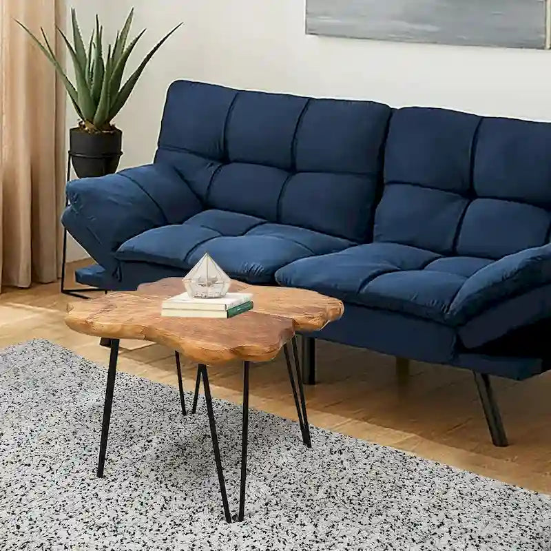 Table basse en bois naturel à bords bruts, 4 panneaux, 1 personne, pieds épingles