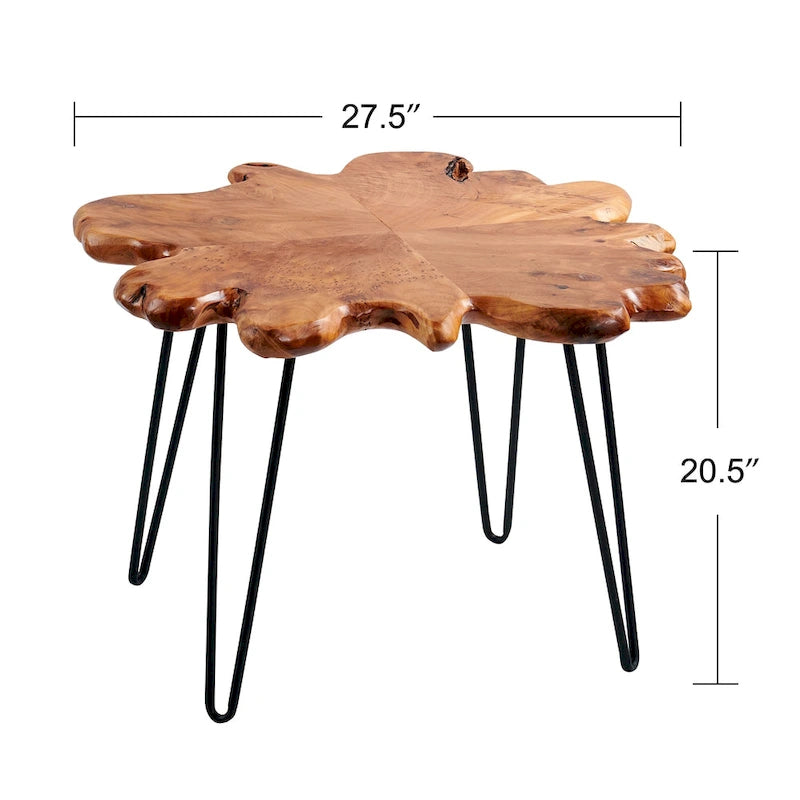 Table basse en bois naturel à bords bruts, 4 panneaux, 1 personne, pieds épingles