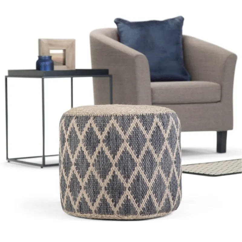 Pouf rond en jute tressé gris / corail / bleu – Siège unique