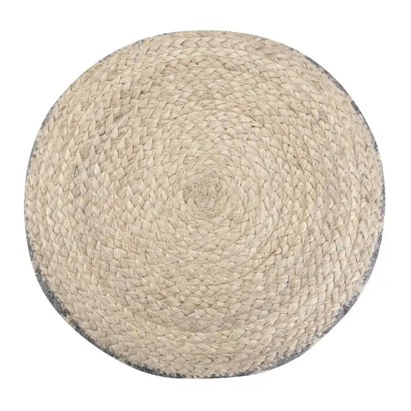 Pouf rond en jute tressé gris / corail / bleu – Siège unique