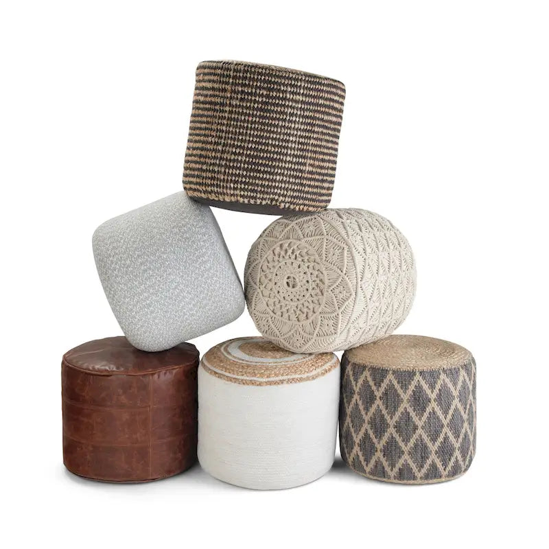 Pouf rond en jute tressé gris / corail / bleu – Siège unique