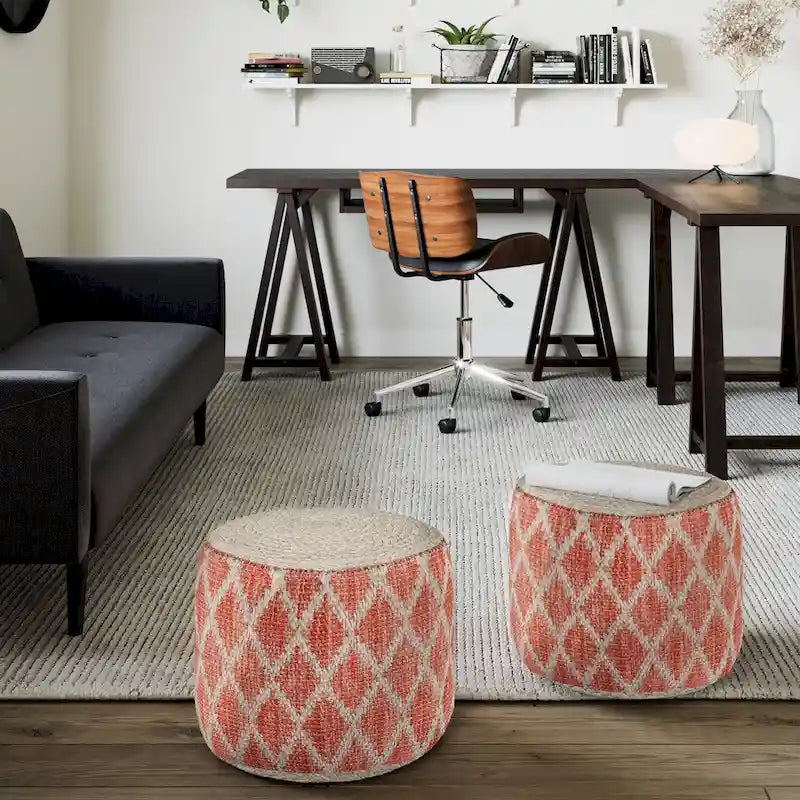 Pouf rond en jute tressé gris / corail / bleu – Siège unique