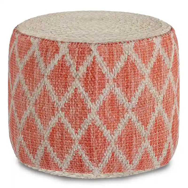 Pouf rond en jute tressé gris / corail / bleu – Siège unique