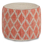 Pouf rond en jute tressé gris / corail / bleu – Siège unique