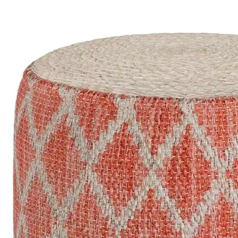 Pouf rond en jute tressé gris / corail / bleu – Siège unique