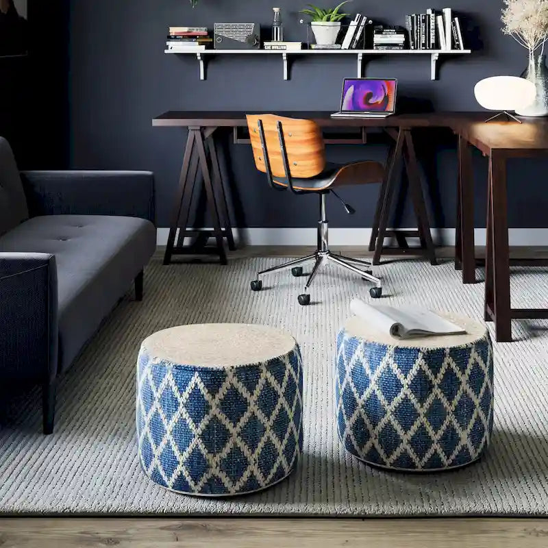 Pouf rond en jute tressé gris / corail / bleu – Siège unique