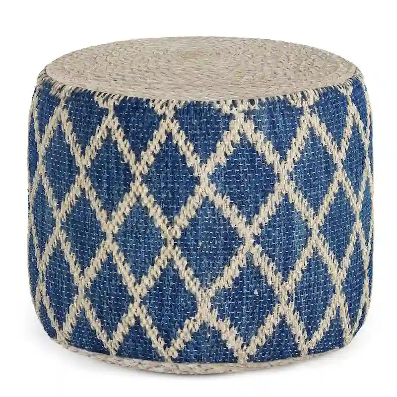Pouf rond en jute tressé gris / corail / bleu – Siège unique