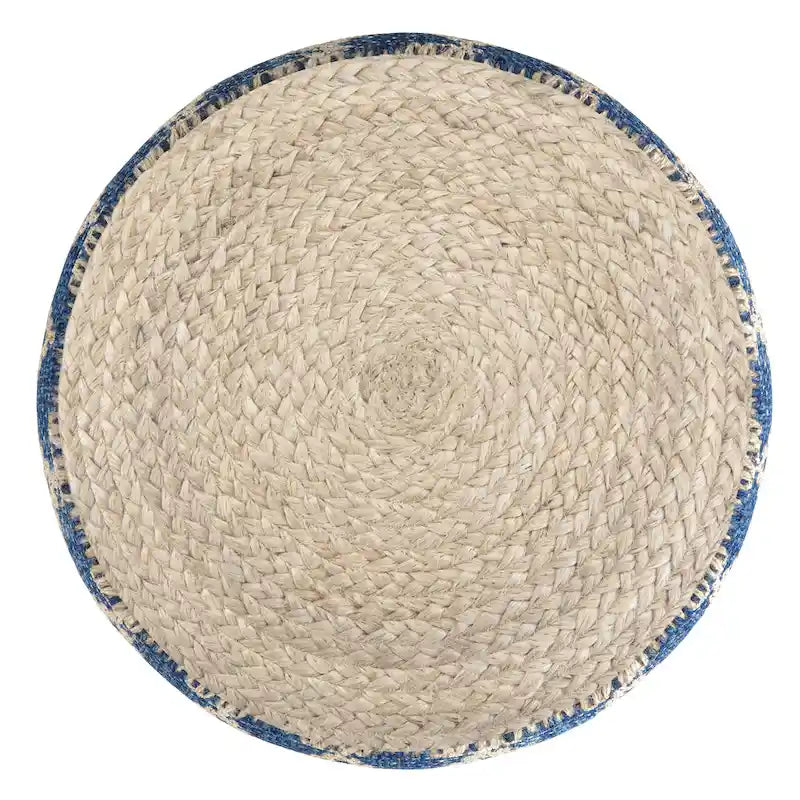 Pouf rond en jute tressé gris / corail / bleu – Siège unique