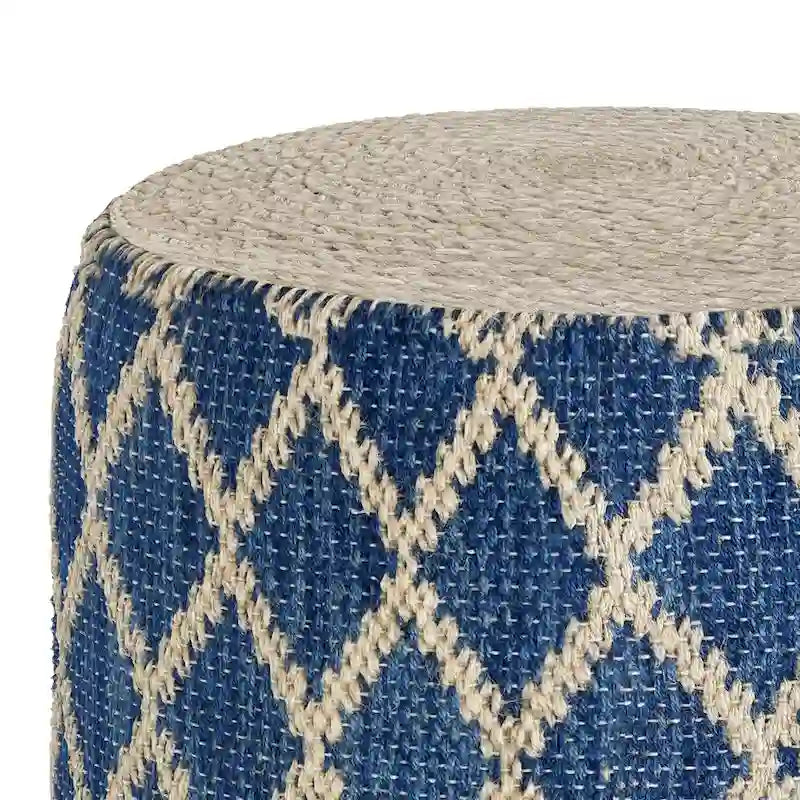 Pouf rond en jute tressé gris / corail / bleu – Siège unique