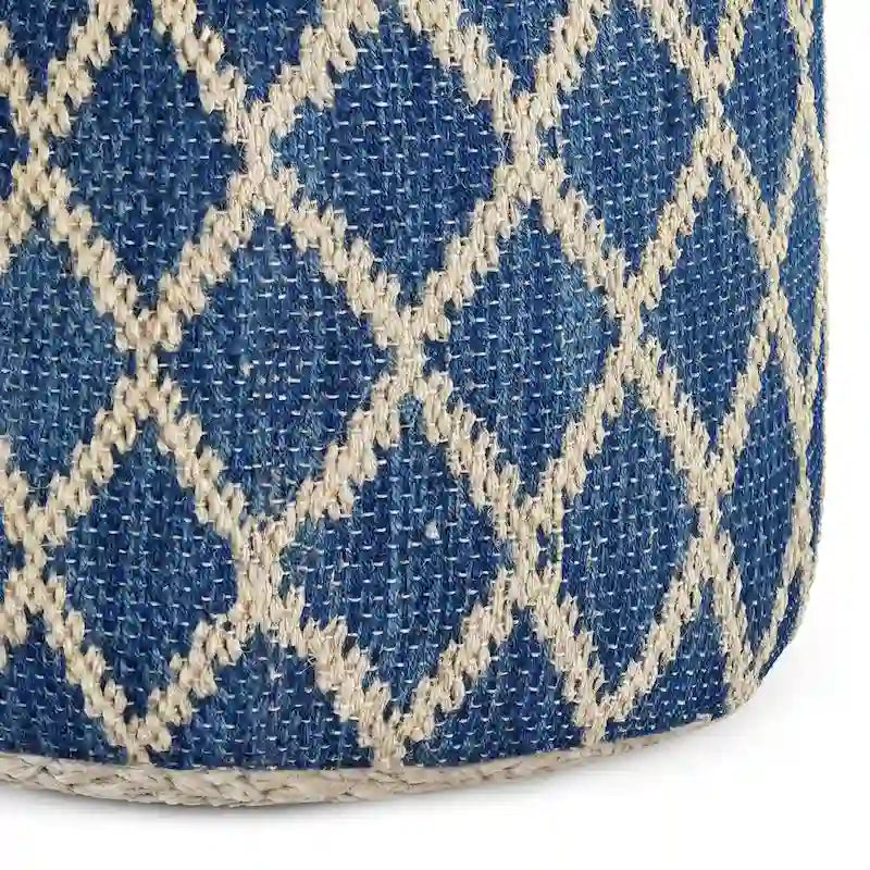 Pouf rond en jute tressé gris / corail / bleu – Siège unique