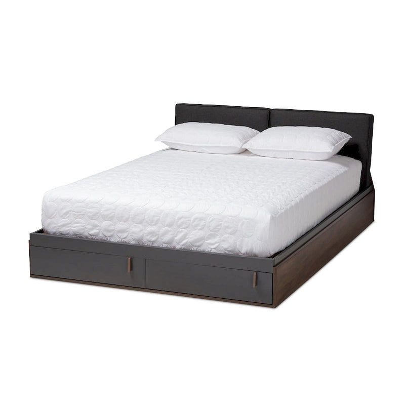 Lit Queen avec plateforme et rangement, gris et noyer brun, 1 personne