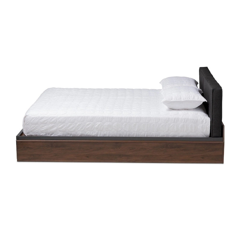 Lit Queen avec plateforme et rangement, gris et noyer brun, 1 personne