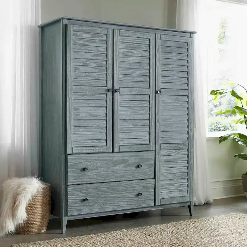 Armoire 3 portes en pin massif brossé gris/blanc/bois flotté/noyer
