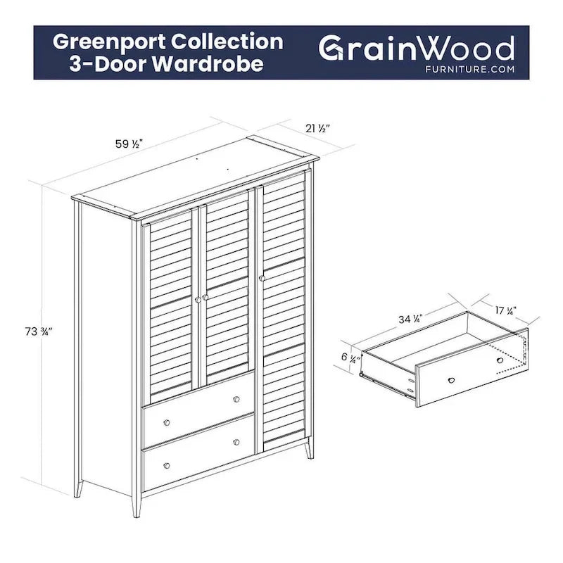 Armoire 3 portes en pin massif brossé gris/blanc/bois flotté/noyer