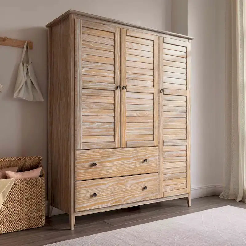 Armoire 3 portes en pin massif brossé gris/blanc/bois flotté/noyer
