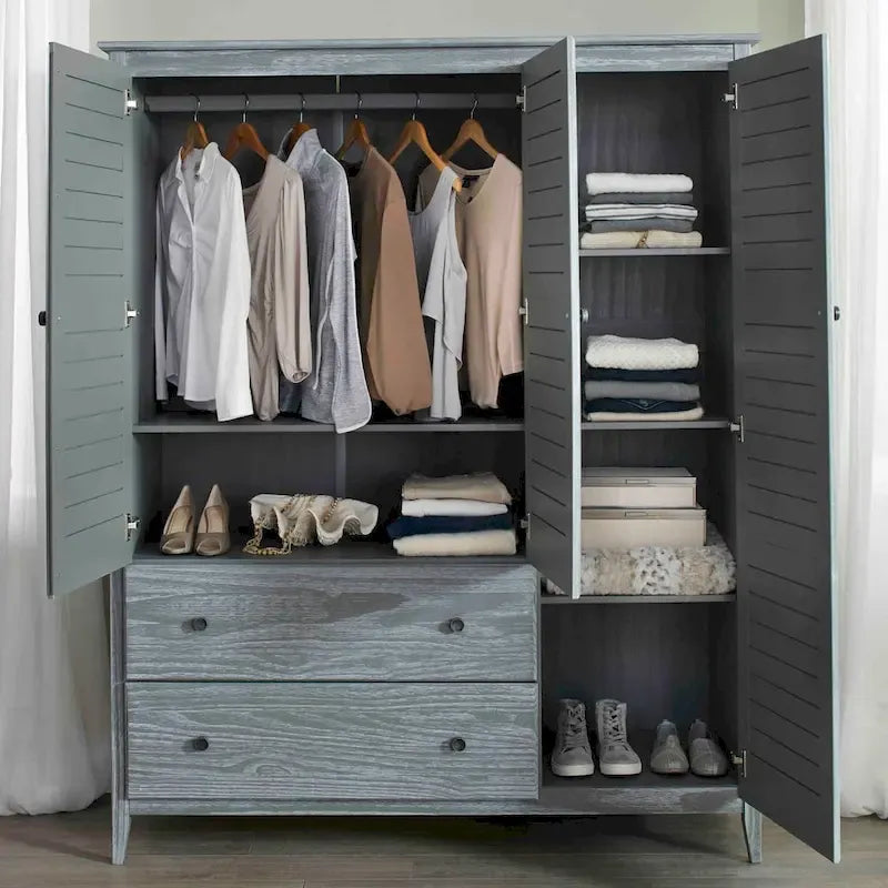 Armoire 3 portes en pin massif brossé gris/blanc/bois flotté/noyer