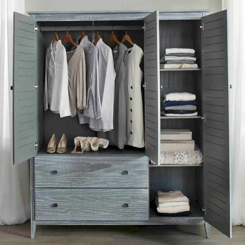 Armoire 3 portes en pin massif brossé gris/blanc/bois flotté/noyer