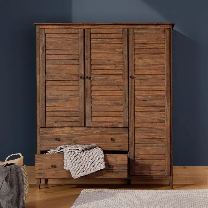 Armoire 3 portes en pin massif brossé gris/blanc/bois flotté/noyer