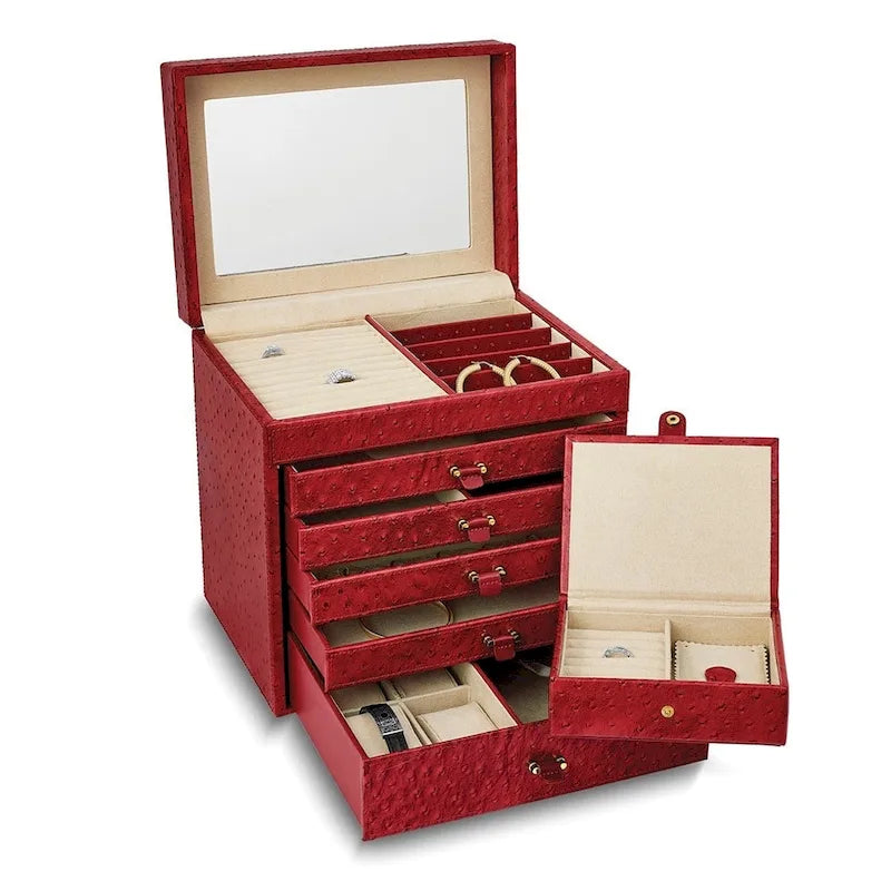 Coffre à bijoux 5 tiroirs en cuir rouge texturé autruche avec miroir et étui de voyage