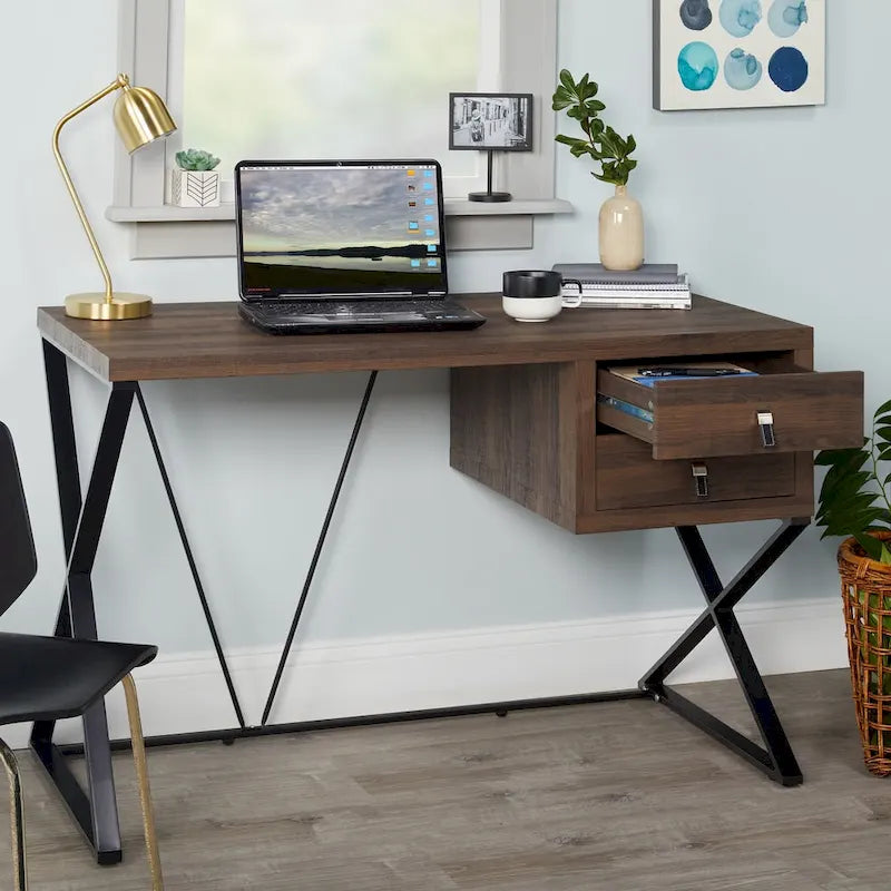 Bureau Rétro à Pieds Croisés X Naturel et Marron, 1 Personne