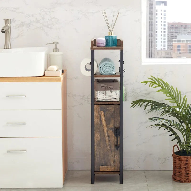 Meuble de salle de bain sur pied marron/blanc avec étagères ouvertes et porte, montage 1 personne