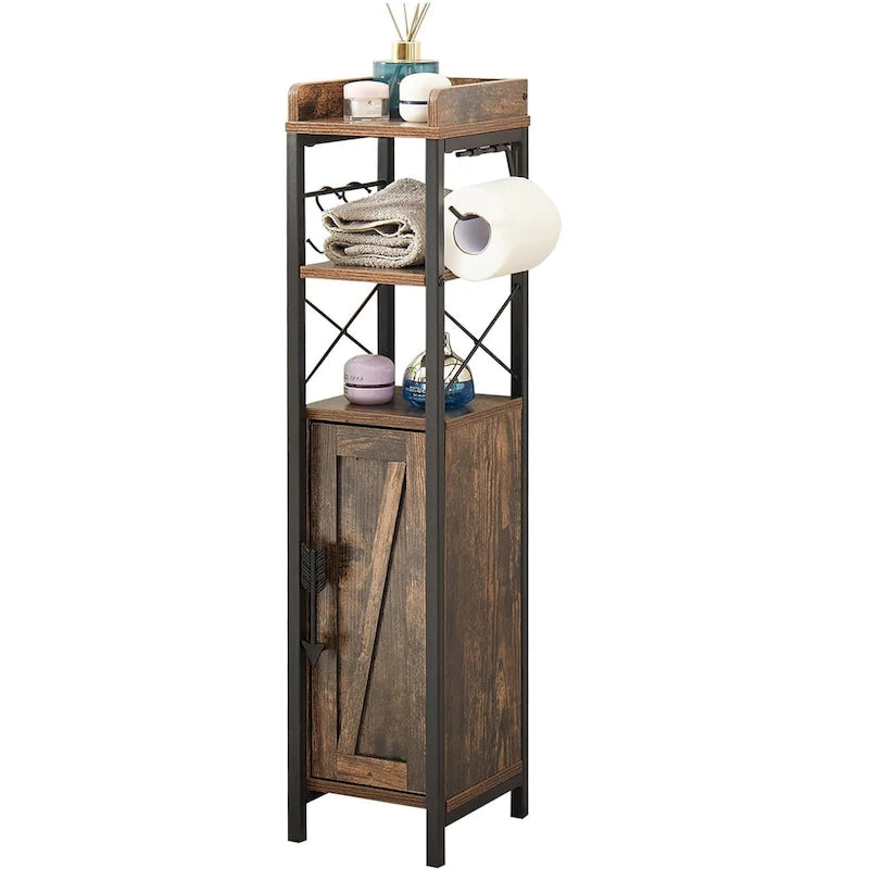 Meuble de salle de bain sur pied marron/blanc avec étagères ouvertes et porte, montage 1 personne